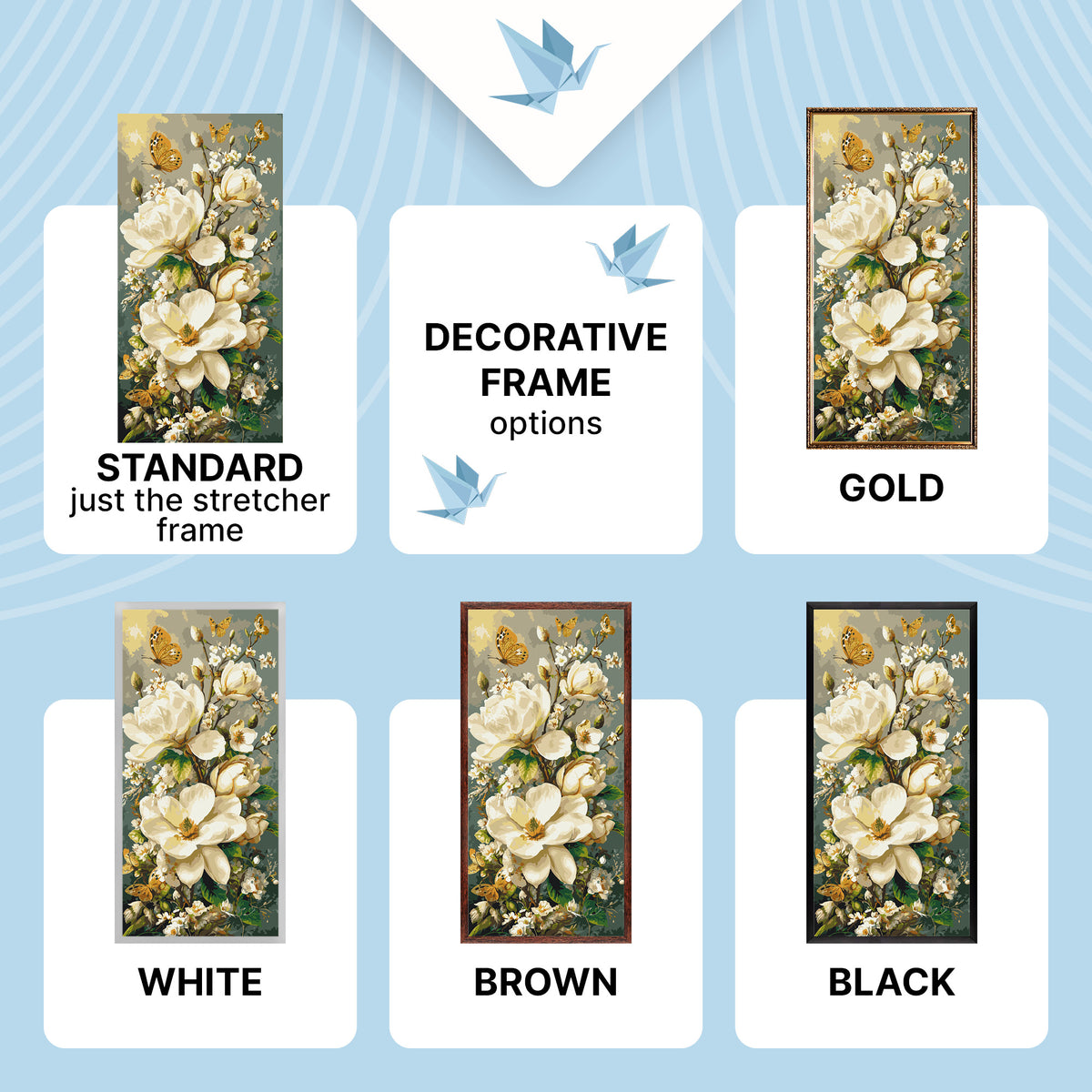 Számfestés kereten 40×80 cm – Magnóliák és pillangók fémes festékekkel – Virágok – LW 5218