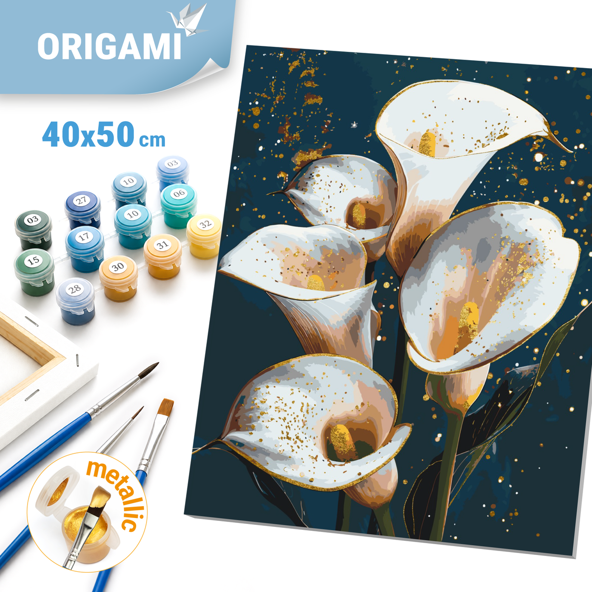 Számfestés kereten 40×50 cm Fehér kála. Virágok fémes színekkel LW 30360