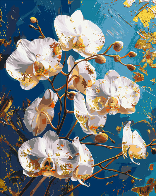 Számfestés kereten 40×50 cm Virágok. Orchidea kék háttér előtt. Fémes színekkel LW 30431