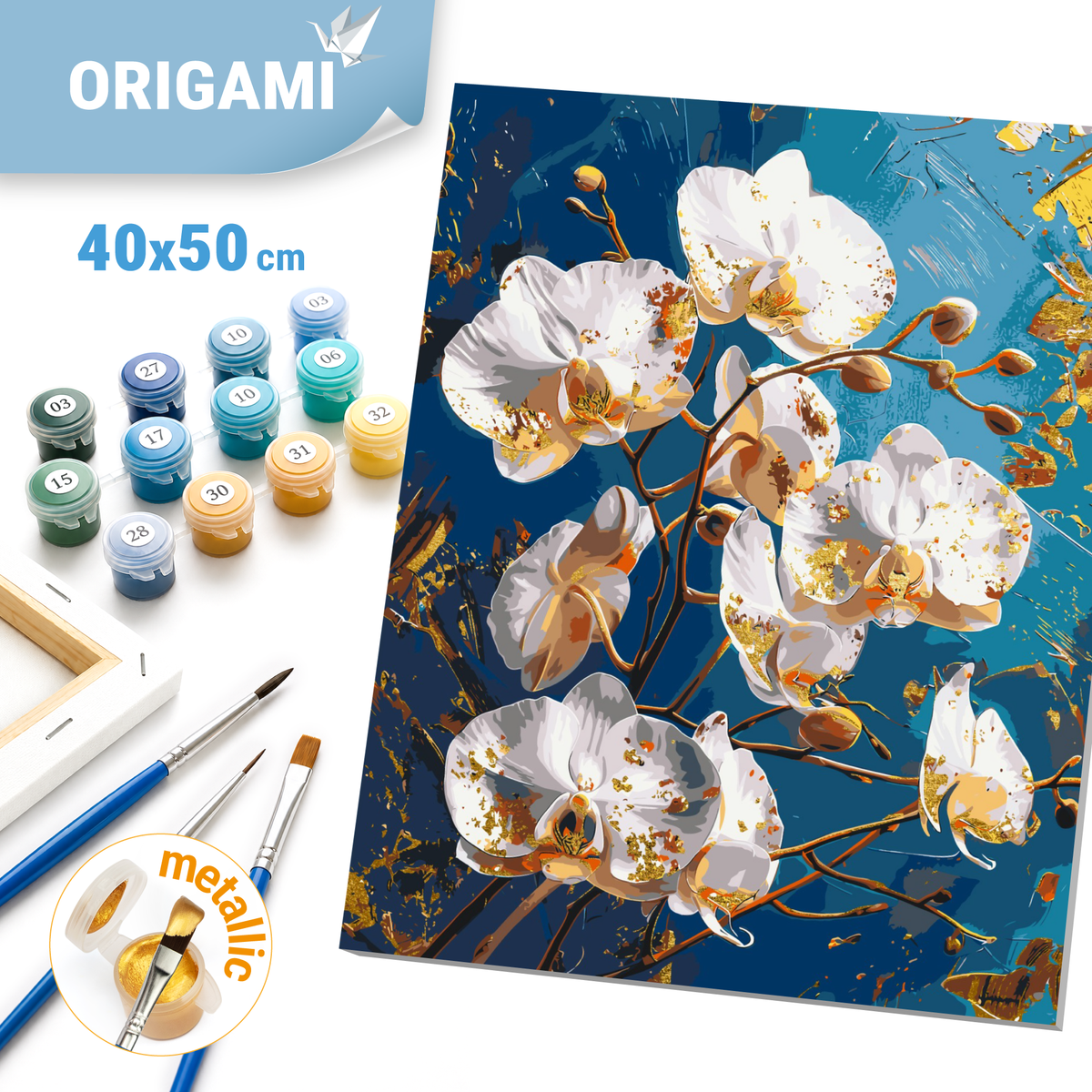 Számfestés kereten 40×50 cm Virágok. Orchidea kék háttér előtt. Fémes színekkel LW 30431