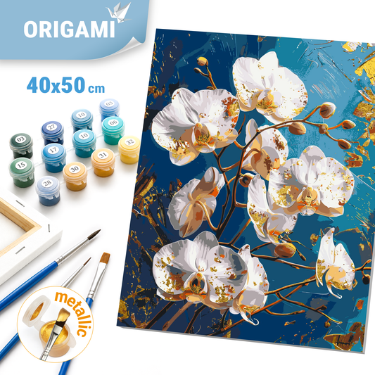 Számfestés kereten 40×50 cm Virágok. Orchidea kék háttér előtt. Fémes színekkel LW 30431