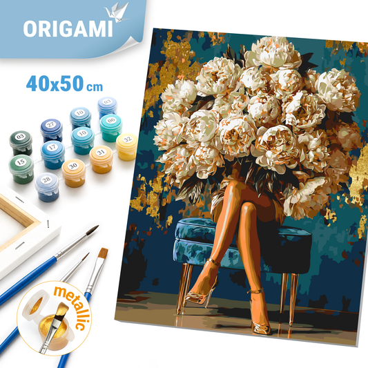 Számfestés kereten 40×50 cm Virágok - Lány bazsarózsacsokorral fémes színekkel LW 3048-01