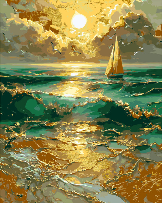 Számfestés kereten 40×50 cm Tájkép - Vitorlás hajnalban fémes színekkel LW 30610-01