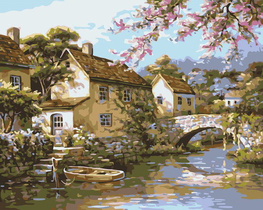 Számfestés kereten 40×50 cm tájkép – Falucska a folyó mellett LW 3072