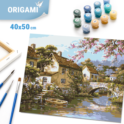 Számfestés kereten 40×50 cm tájkép – Falucska a folyó mellett LW 3072