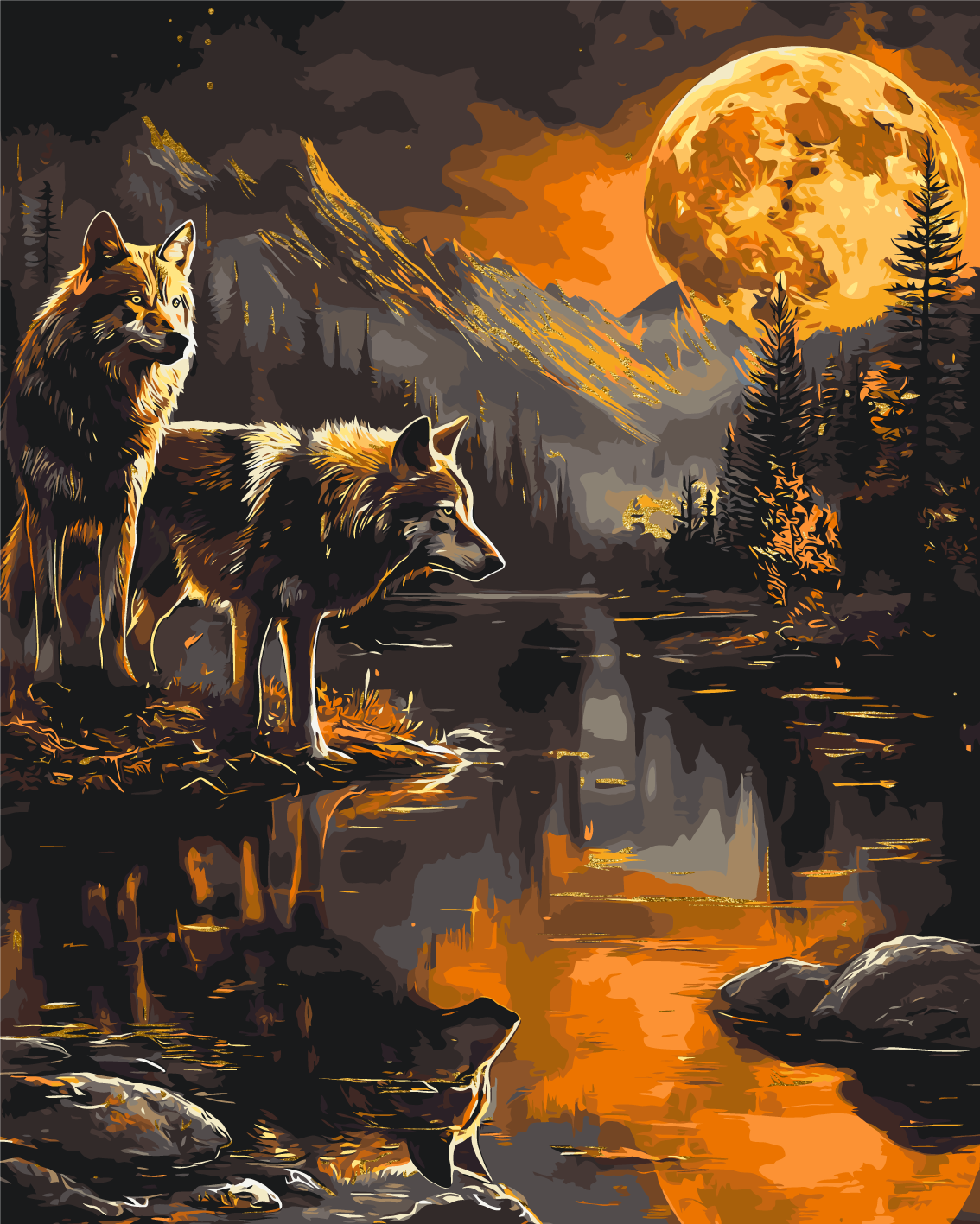 Számfestés kereten 40×50 cm Állatok. Farkaspár éjjel. Fémes színekkel LW 30780