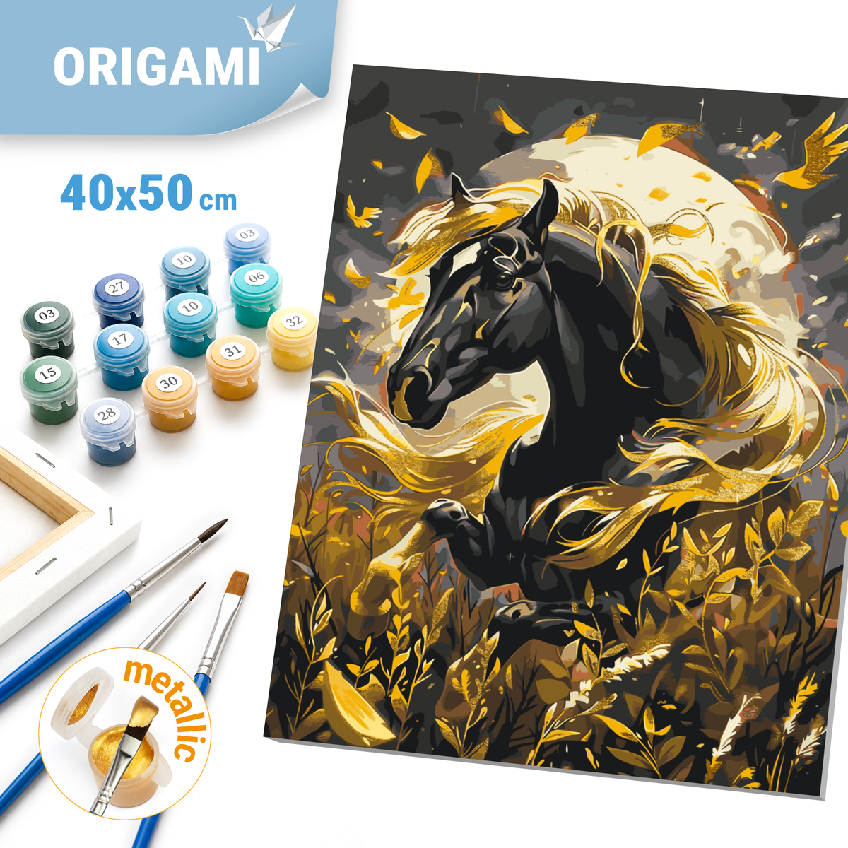 Paint by Numbers on a 40*50 cm frame Animals. Black horse with Metallic Paints LW 31200