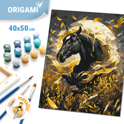 Paint by Numbers on a 40*50 cm frame Animals. Black horse with Metallic Paints LW 31200