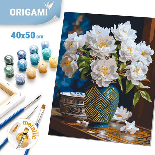 Számfestés kereten 40×50 cm Fehér virágok vázában, arany fémes színekkel LW 31350