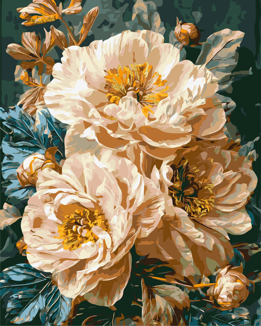 Számfestés kereten 40×50 cm Virágok - Bézs bazsarózsák fémes színekkel LW 3159-01