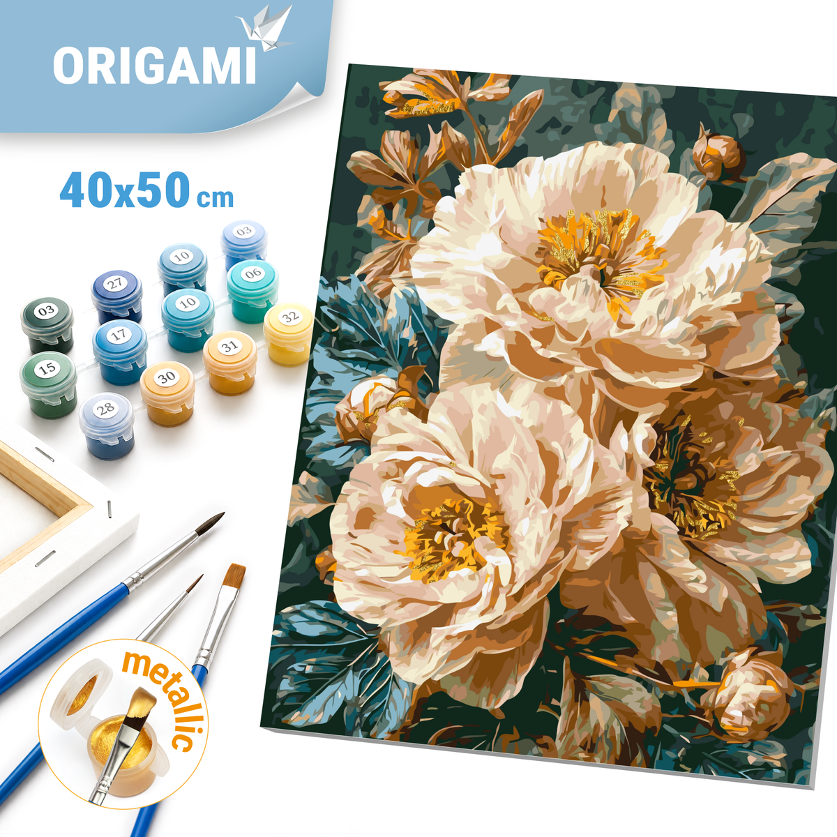 Paint by Numbers on Frame 40*50 cm Flowers - Beige Peonies with Metallic Paints LW 3159-01