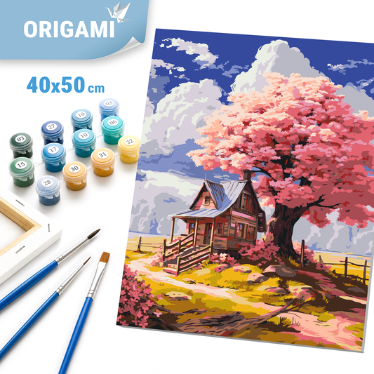 Számfestés kereten 40×50 cm cm – Rózsaszín fa az erdőben. Tájkép LW 3296