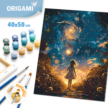 Számfestés kereten 40×50 cm – Holdfény. Világűr / Emberek / Tájkép arany fémes színekkel LW 3299