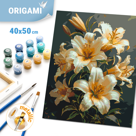 Számfestés kereten 40×50 cm Virágok Ragyogó liliomok fémes színekkel LW 3303