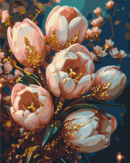 Számfestés kereten 40×50 cm Virágok. Finom tulipánok arany fémes színekkel LW 3304