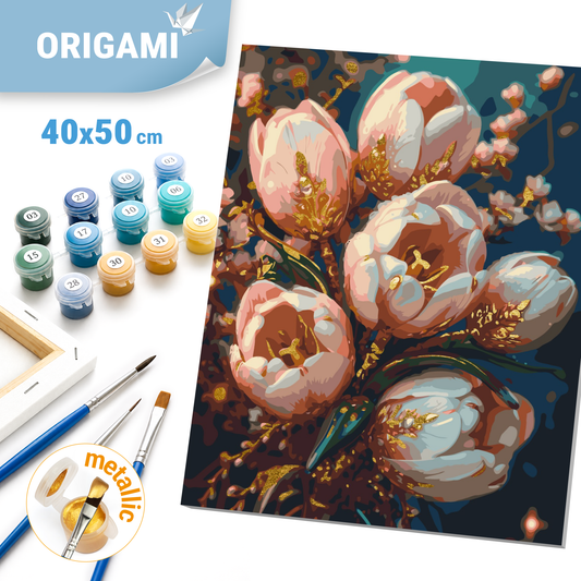 Számfestés kereten 40×50 cm Virágok. Finom tulipánok arany fémes színekkel LW 3304
