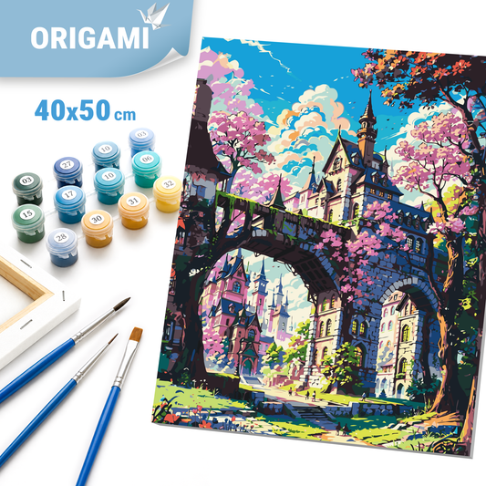 Számfestés kereten 40×50 cm cm – Mesebeli kastély cseresznyevirágok között. Tájkép LW 3331