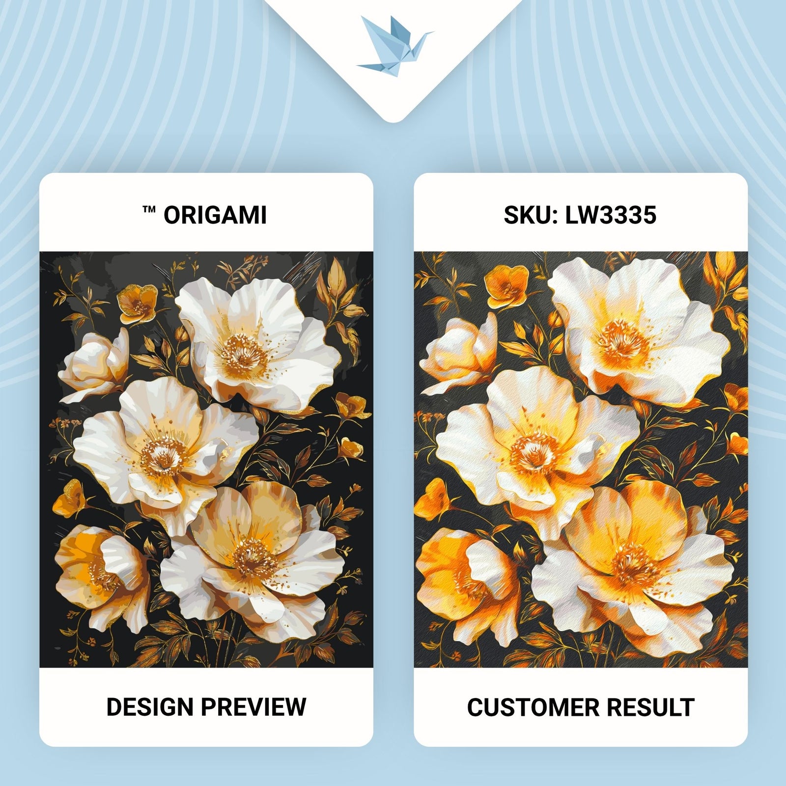 Számfestés kereten 40×50 cm Arany virágok fekete háttér előtt. Fémes színekkel LW 3335