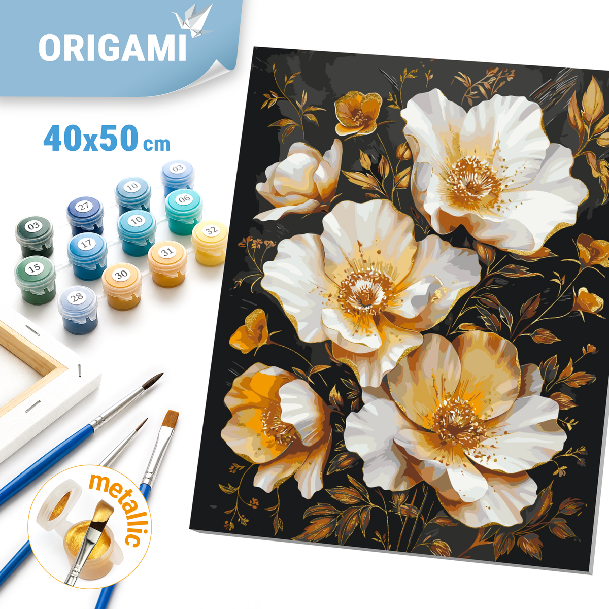 Számfestés kereten 40×50 cm Arany virágok fekete háttér előtt. Fémes színekkel LW 3335