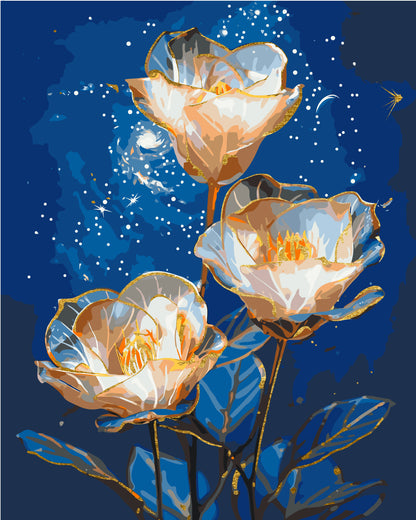 Számfestés kereten 40×50 cm Virágok Kozmikus őszirózsák fémes színekkel LW 3337