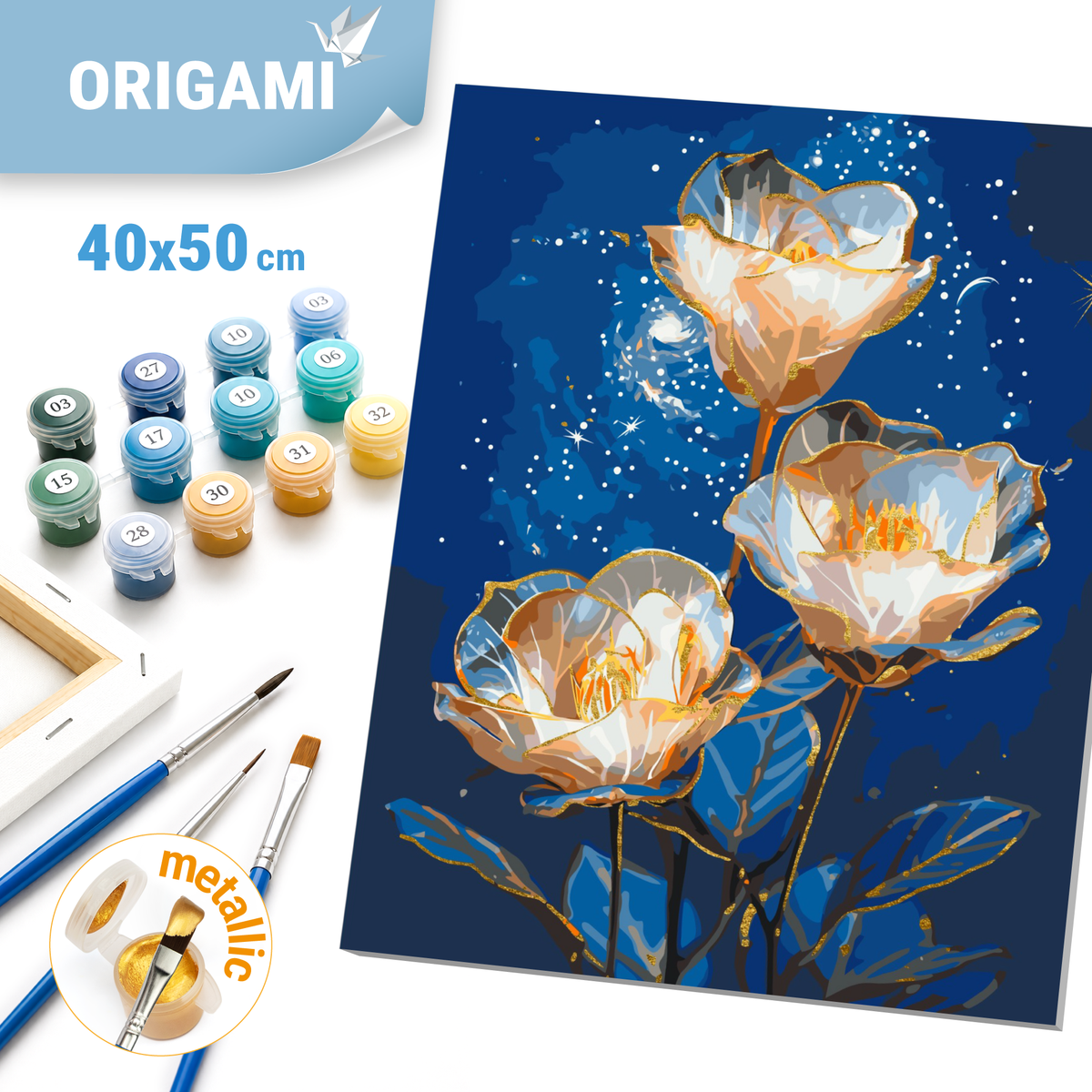 Számfestés kereten 40×50 cm Virágok Kozmikus őszirózsák fémes színekkel LW 3337