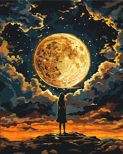 Számfestés kereten 40×50 cm Emberek. Lány a Hold alatt. Világűr (fémes színekkel) LW 3401