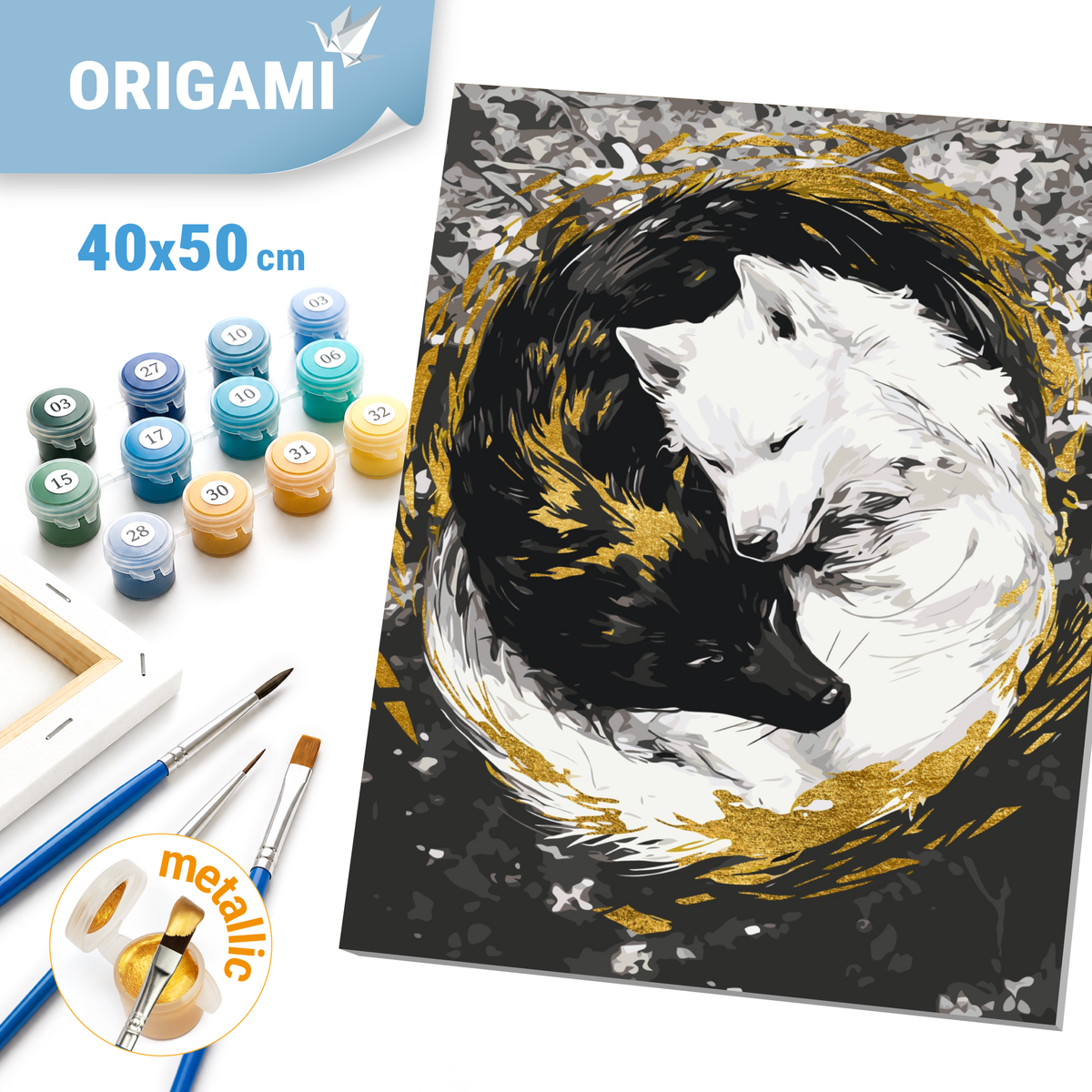 Paint by Numbers on a 40*50 cm frame. Animals. Wolf couple with Metallic Paints (yin yang) LW 3458
