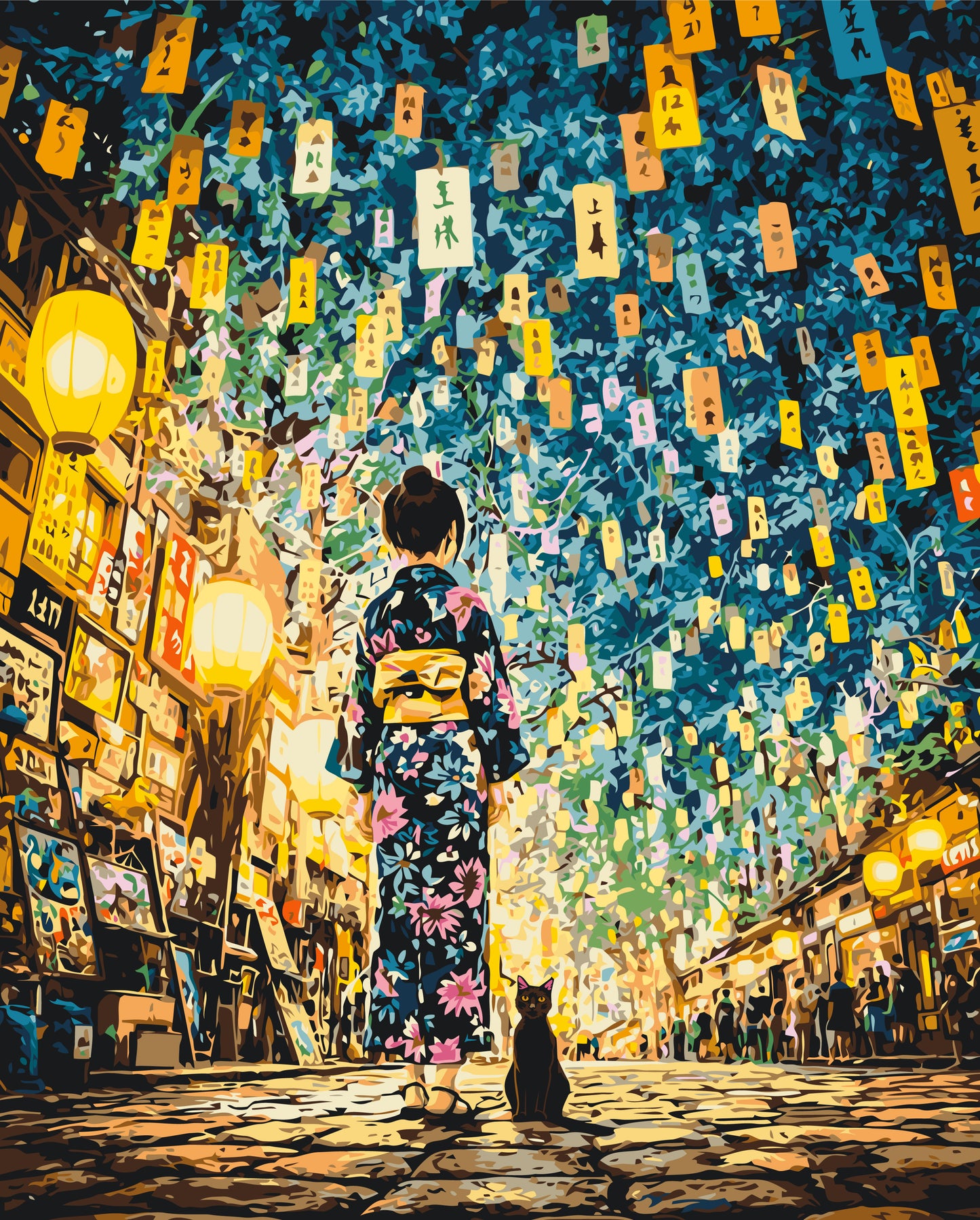 Számfestés kereten 40×50 cm – Japán éjszaka. Lány macskával LW 3515