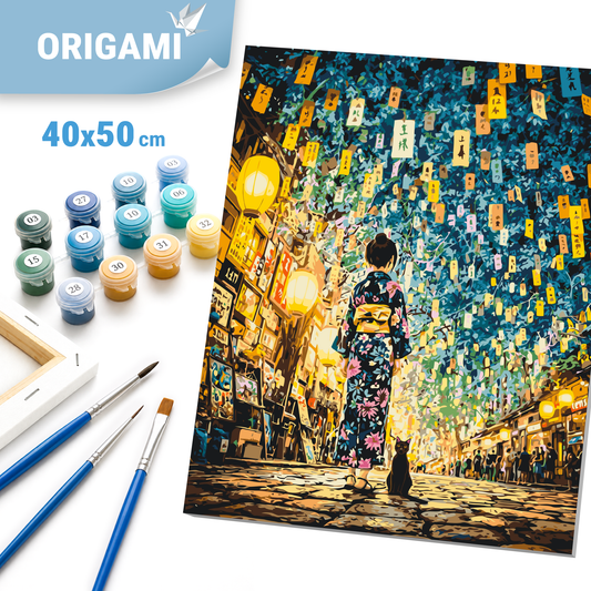 Számfestés kereten 40×50 cm – Japán éjszaka. Lány macskával LW 3515