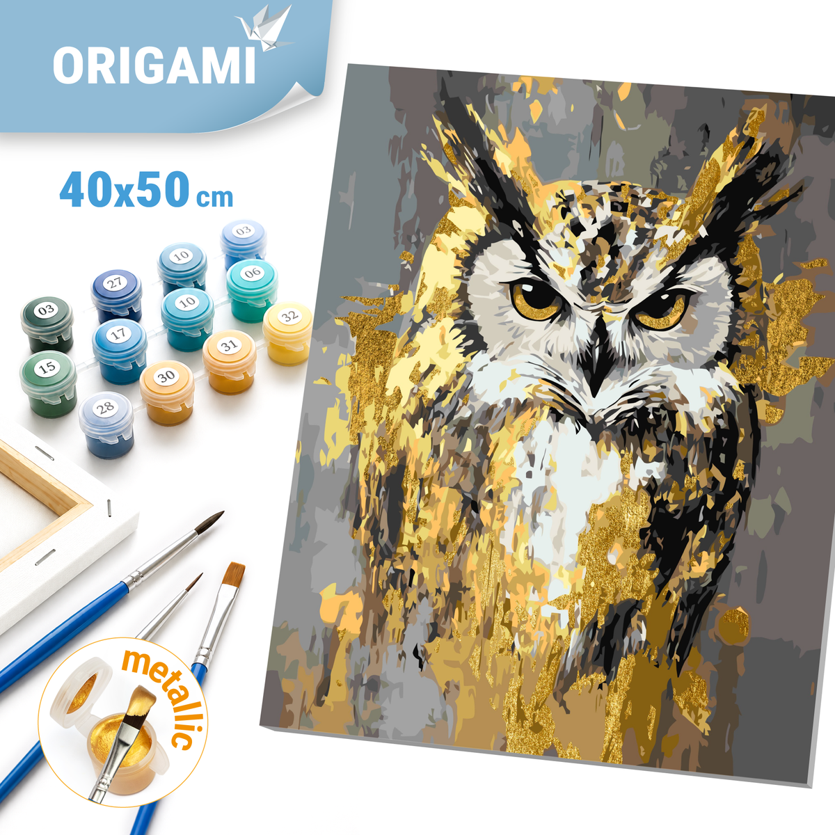 Számfestés kereten 40×50 cm Állatok. Bagoly fémes színekkel LW 3528