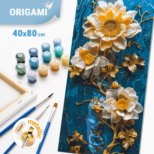 Számfestés kereten 40×80 cm cm – Virágok kék háttér előtt. Virágok fémes színekkel LW 5102