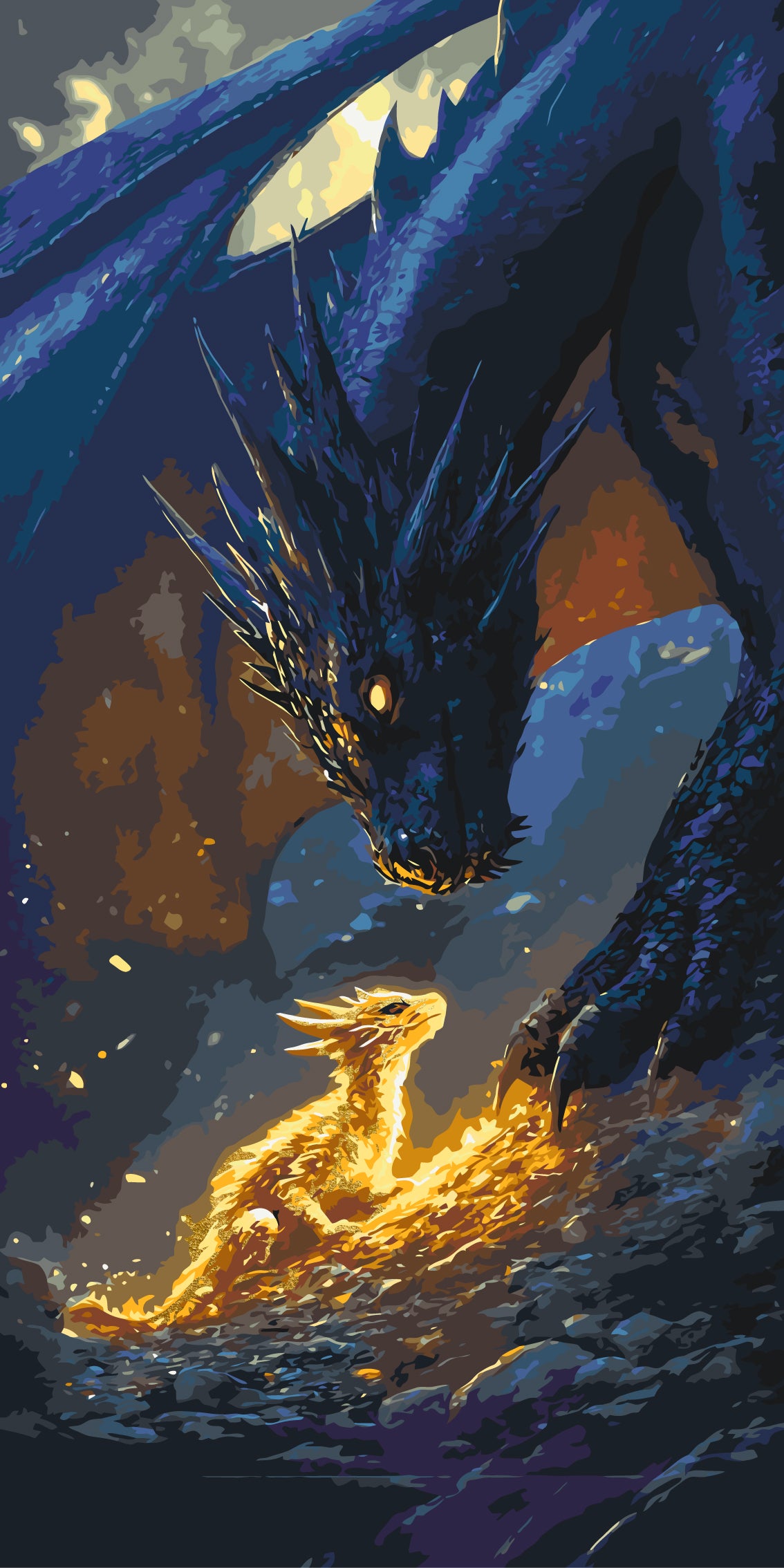 Számfestés kereten 40×80 cm Fantasy „Negyedik szárny” – Találkozás a sárkánnyal fémes színekkel LW 5140