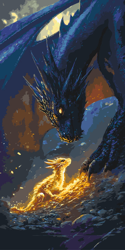 Számfestés kereten 40×80 cm Fantasy „Negyedik szárny” – Találkozás a sárkánnyal fémes színekkel LW 5140