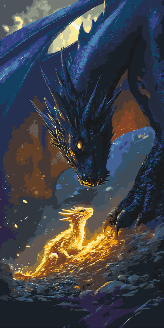Számfestés kereten 40×80 cm Fantasy „Negyedik szárny” – Találkozás a sárkánnyal fémes színekkel LW 5140