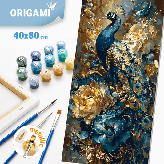 Számfestés kereten 40×80 cm Páva a virágok között fémes színekkel LW 5183