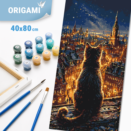 Paint by Numbers on a 40x80 cm frame - Cat over City Lights - Landscape - LW 5199