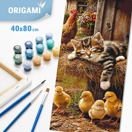 Paint by Numbers on a 40x80 cm frame - Sweet Dream: Kitten, Rooster and Chicks - Animals - LW 5230