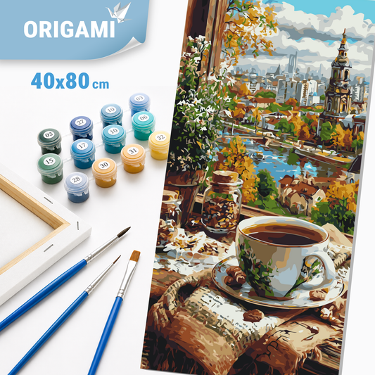 Számfestés kereten 40×80 cm cm – Kávé az óváros látképével. Tájkép/Csendélet LW 5239