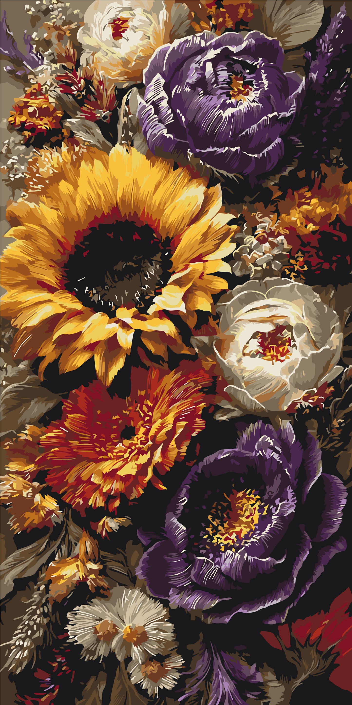 Maľovanie podľa čísel na ráme 40*80 cm - Slnečnica a pivónie - Kvety - LW 5254