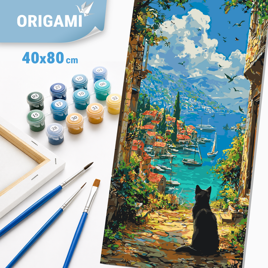 Számfestés kereten 40×80 cm cm – Fekete macska a tengeröböl felett. Tájkép/Állatok LW 5257