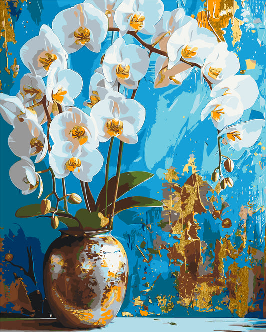 Számfestés kereten 40×50 cm Fehér orchidea. Virágok. Fémes színekkel LW 8100