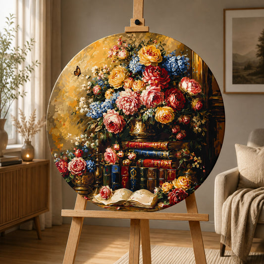 Okrúhle maľovanie podľa čísel Ø45 cm Kvety/Zátišie. Knižnica s ružami OR 2031