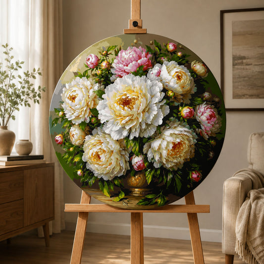 Okrúhle maľovanie podľa čísel Ø45 cm Kvety/Zátišie. Kytica pivónií vo váze OR 2032