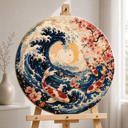 Kerek számfestés Ø45 cm – Koi pontyok és a Nagy hullám Kanagawánál – Tájkép/Állatok – OR 2038