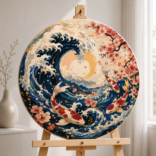 Okrúhle maľovanie podľa čísel Ø45 cm Krajinka. Koi kapry a Veľká vlna pri Kanagawe OR 2038
