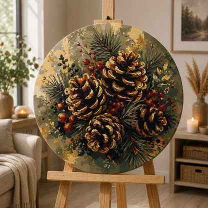 Kerek számfestés Ø35 cm – Téli tobozok és fenyőtűk fémes festékekkel – Téli/Karácsonyi/Csendélet – OR 2058
