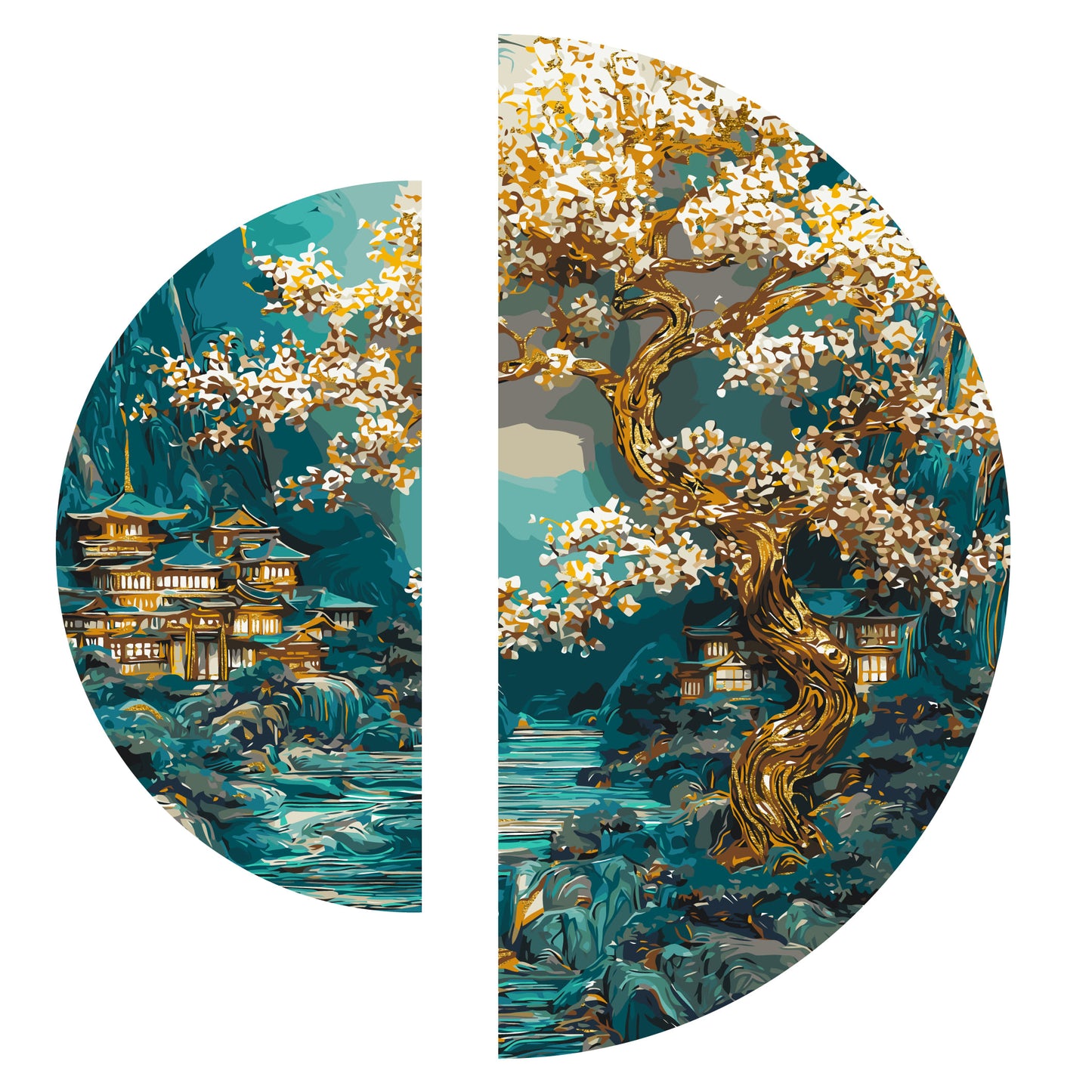 Maľovanie podľa čísel na ráme ⌀50 cm + ⌀70 cm - Japonský úsvit - Krajinka s metalickými farbami - OSR 1009