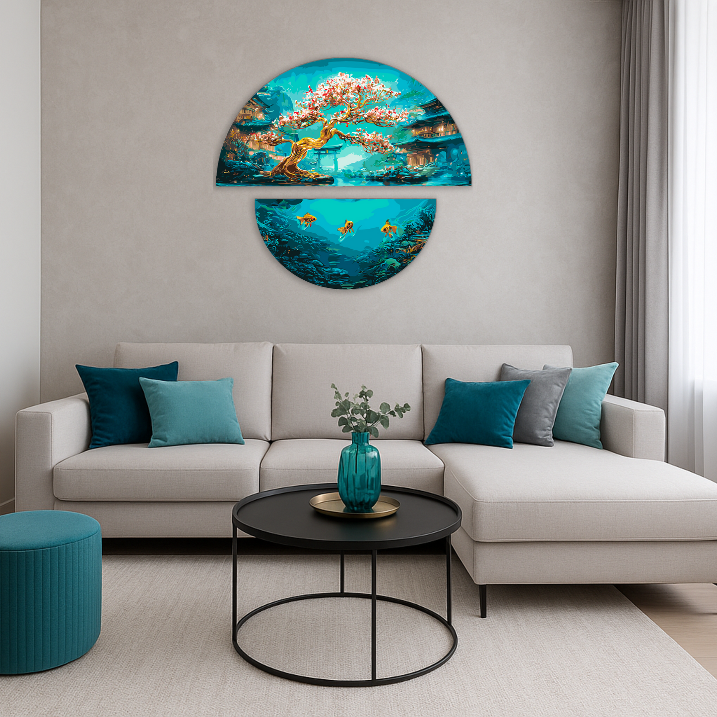 Számfestés kereten 70×70 cm Tájkép. Két világ varázsa fémes színekkel (félkörök) OSR 1011