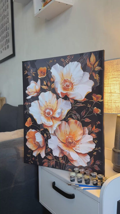 Számfestés kereten 40×50 cm Arany virágok fekete háttér előtt. Fémes színekkel LW 3335