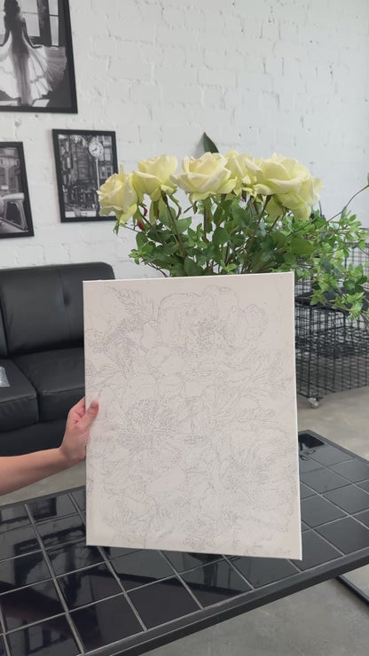 Számfestés kereten 40×50 cm Virágok. Fehér bazsarózsák arany fémes színekkel LW 30410
